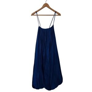 Royal Blue Pleated Bubble Hem Midi Dress Tie Back Med Flowy Sundress Chic Silky